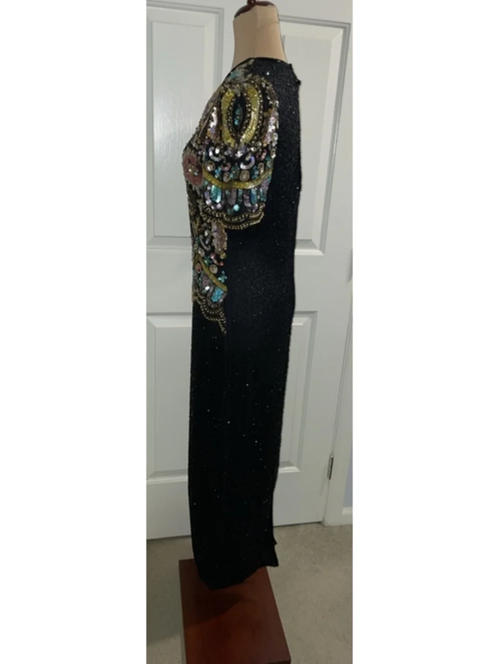 Laurence Kazar NewYork 100% Sequin Silk Dress Black Floral Small Formal Lined